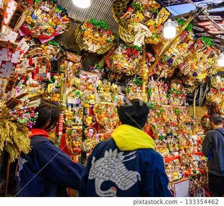 Shinjuku Hanazono Shrine Otori Festival, Tori no Ichi, lucky rakes on the day of the rooster, scenery from the rake market Shinjuku Hanazono Shrine Otori Festival, Tori no Ichi, lucky rakes on the day of the rooster, scenery from the rake market 133354462