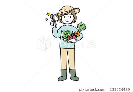 Illustration of a woman holding harvested vegetables and scissors Illustration of a woman holding harvested vegetables and scissors 133354489