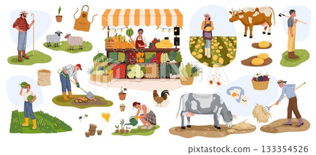Farmer and gardener characters with farm harvest and garden work tools, vector agriculture set. Farmer characters at vegetables market booth, harvesting fruits, at cattle farm pasture or plant field 133354526