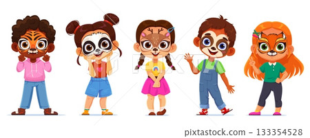 Holiday party kids with face paint masks of animals for carnival masquerade, vector cartoon characters. Funny kids, boys and girls in holiday costumes with masks painted on faces for birthday party Holiday party kids with face paint masks of animals for carnival masquerade, vector cartoon characters. Funny kids, boys and girls in holiday costumes with masks painted on faces for birthday party 133354528