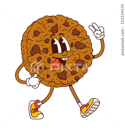 Cartoon groovy cookie or sweet dessert character of bakery pastry, vector personage. Funny groovy chocolate biscuit or cookie pastry character with funky yummy tongue out and peace cool gesture Cartoon groovy cookie or sweet dessert character of bakery pastry, vector personage. Funny groovy chocolate biscuit or cookie pastry character with funky yummy tongue out and peace cool gesture 133354529