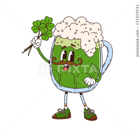 Cartoon groovy beer ale character with mustache, foam and clover in hand. St Patrick day holiday retro personage. Vector glass cup with traditional green foamy Irish drink, ready for celebration 133354531