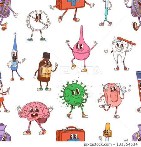 Groovy medicine characters seamless pattern. Vector tile background with cartoon medical and health care items like pill, virus, thermometer, brain and first aid kit, medicine bottle, soap and tooth 133354534