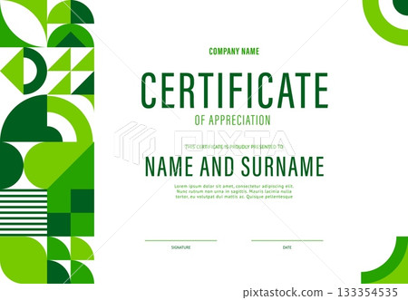 Certificate of appreciation with green geometric pattern. Modern vector diploma of appreciation template for professional recognition featuring clean typography and vibrant green shapes on the borders Certificate of appreciation with green geometric pattern. Modern vector diploma of appreciation template for professional recognition featuring clean typography and vibrant green shapes on the borders 133354535