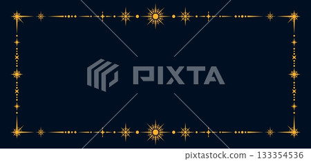Esoteric celestial frame or magic background. Golden celestial Boho vector banner, esoteric magic border. Yellow mystic elegant frame or linear fantasy poster with star light sparks on blue background 133354536