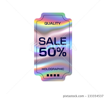 Reflective hologram Y2K quality product sale sticker or label. Store price off reflective holographic label, product sale chrome foil isolated Y2K vector patch. Shop discount hologram sticker or tag 133354537