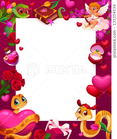 Valentine day greeting card template or frame surrounded by cute romantic elements like snakes with hearts, flowers, cupid, love potion, gift box and balloons. Cartoon vector border with copy space Valentine day greeting card template or frame surrounded by cute romantic elements like snakes with hearts, flowers, cupid, love potion, gift box and balloons. Cartoon vector border with copy space 133354539