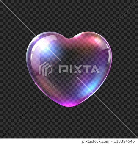 Realistic heart soap bubble shape with glossy surface and rainbow highlights. Valentine holiday transparent heart with rainbow refraction. Realistic 3d vector , symbol of love, romance and magic 133354540