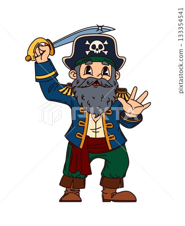 Old bearded corsair pirate cartoon funny character. Pirate tough fighter personage, filibuster captain funny vector character. Corsair sailor cheerful mascot with grey beard, swinging cutlass sword 133354541