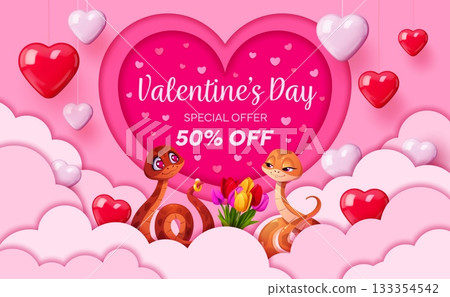Valentines day paper cut sale banner featuring two charming cartoon snakes in love, surrounded by heart balloons, 3d clouds and bouquet of tulips. Sweet promotion 50 percent off message in pink heart 133354542