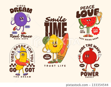 Tropical fruit groovy characters stickers and t shirt prints. Retro cartoon y2k quince, banana, watermelon, pomegranate and plum vector vintage personages with fun expressions and inspirational quotes 133354544