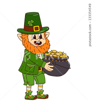 St Patrick day groovy leprechaun character with pot of gold. Cartoon retro holiday cheerful dwarf personage, clad in green, with a mischievous grin and twinkling eyes, guards cauldron with treasure 133354549