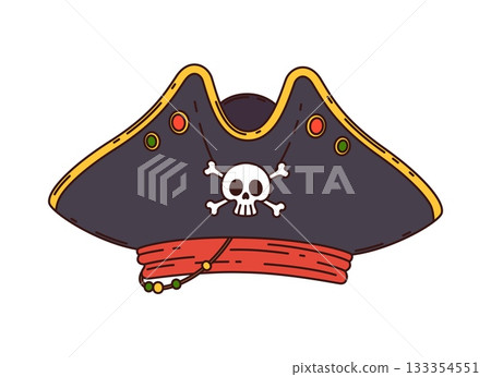 Cartoon caribbean pirate tricorn hat with skull. Filibuster skipper funny costume accessory, corsair captain cartoon isolated vector clothing item. Groovy corsair pirate sailor or fighter tricorn hat 133354551
