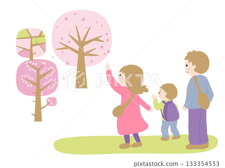 一幅描繪一家人前來欣賞盛開櫻花的插圖。 133354553