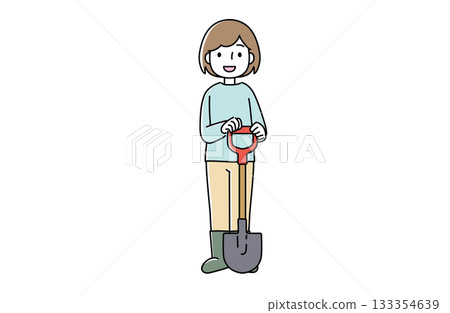 一位手持鐵鍬的女性的插圖 133354639