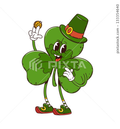 Cartoon St Patrick day retro groovy shamrock trefoil character holding golden coin. Isolated vector holiday lucky clover Irish folklore personage wearing leprechaun top hat spreading joy and luck Cartoon St Patrick day retro groovy shamrock trefoil character holding golden coin. Isolated vector holiday lucky clover Irish folklore personage wearing leprechaun top hat spreading joy and luck 133354640