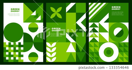 Green energy environment posters with geometric patterns. Ecology banners about sustainability. Environmental awareness with modern modular mosaic motif. Vector cover or layout vertical templates 133354646