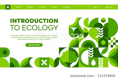 Ecology company landing page with geometric pattern. Vector environmental web banner template for environment campaigns, sustainability awareness and eco friendly projects in green and white colors 133354660
