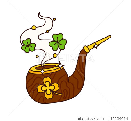Cartoon St Patrick day groovy leprechaun smoking pipe, adorned with golden clover or shamrock leaves, wisps of enchanted smoke swirl with green shamrocks, weaving holiday tales of treasures and magic 133354664