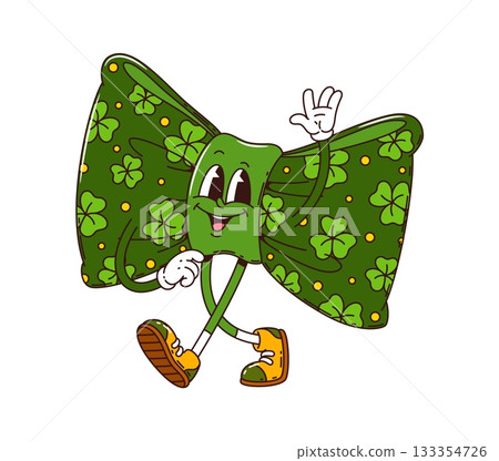 Cartoon St Patrick day groovy green bow tie character. Irish holiday retro personage. Isolated vector cheerful necktie with a wide grin, expressive eyes and dapper boots, exuding festive and y2k vibe 133354726