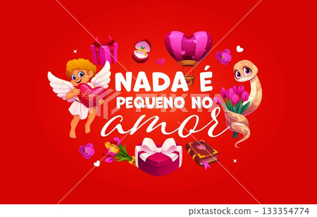 Nada e pequeno no amor Valentines day Spanish quote. Cartoon Valentines banner with angel, heart balloon, flowers, snake and gift box. Vector romantic characters on red background with love elements Nada e pequeno no amor Valentines day Spanish quote. Cartoon Valentines banner with angel, heart balloon, flowers, snake and gift box. Vector romantic characters on red background with love elements 133354774