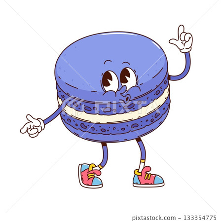 Cartoon groovy macaron or sweet dessert character of bakery, vector funny personage. Groovy macaron cookie or macaroon confection with funny face and funky whistling as retro groovy pastry character 133354775