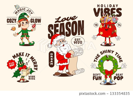 Christmas funny groovy characters retro stickers and t shirt prints. Vector cute vintage Santa Claus, festive elf, gift bag, wreath and holly cartoon personages with holiday quotes and Xmas greetings Christmas funny groovy characters retro stickers and t shirt prints. Vector cute vintage Santa Claus, festive elf, gift bag, wreath and holly cartoon personages with holiday quotes and Xmas greetings 133354835