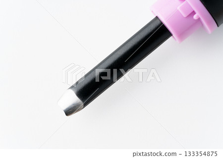 Close-up of the back of the cutting edge of a carving knife (small round knife) on a white background 133354875