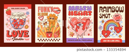 Love and Valentine day groovy hippie characters posters. Vector retro psychedelic cards with quirky jam jar, funky flowers with sunglasses, surreal melting heart with eye, rainbow pierced by an arrow Love and Valentine day groovy hippie characters posters. Vector retro psychedelic cards with quirky jam jar, funky flowers with sunglasses, surreal melting heart with eye, rainbow pierced by an arrow 133354894