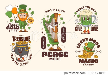 Funny St Patrick day groovy characters stickers and Irish holiday t shirt prints. Retro cartoon fun and festive vector leprechaun, gold coins, green beer, pot of gold, clovers, harp and playful quotes 133354898