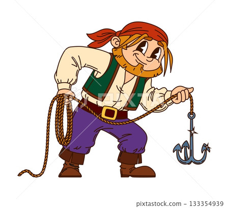 Corsair pirate crew boatswain with boarding hook cartoon character. Funny corsair sailor character, pirate fighter isolated vector mascot. Cheerful boatswain or skipper personage with rope and hook 133354939