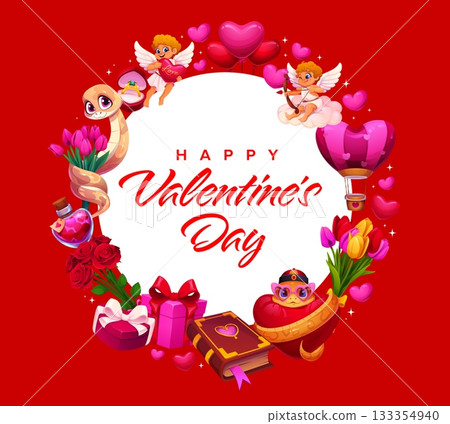 Happy Valentine day greeting card framed with romantic cheerful cupids, heart balloons, roses, tulips, gift boxes, love letters, and cartoon snake characters on red background with space for message 133354940