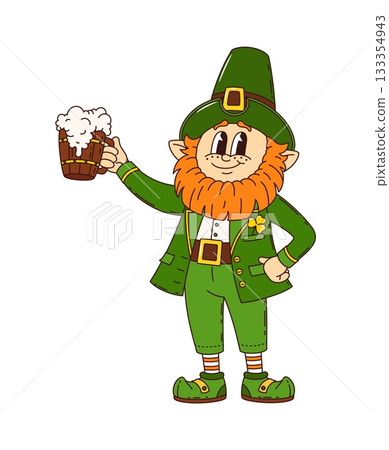 St Patrick day groovy leprechaun character with beer tankard. Cartoon Irish holiday personage. Isolated vector cheerful dwarf with red beard, retro green suit and top hat, merrily holds a frothy mug 133354943