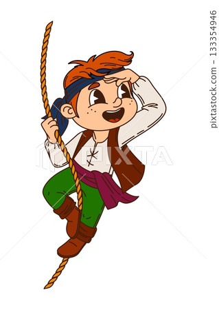 Swinging on rope boy kid pirate sailor cartoon funny character. Corsair boatswain cute mascot, kid pirate crew skipper happy vector character. Filibuster sailor looking in distance boy personage Swinging on rope boy kid pirate sailor cartoon funny character. Corsair boatswain cute mascot, kid pirate crew skipper happy vector character. Filibuster sailor looking in distance boy personage 133354946