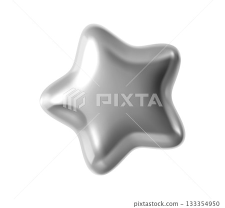 Silver metallic 3d thick five point star realistic shape. Client experience review chrome metallic 3d form, goods ranking glossy gradient isolated vector icon. Thick five point star realistic balloon 133354950