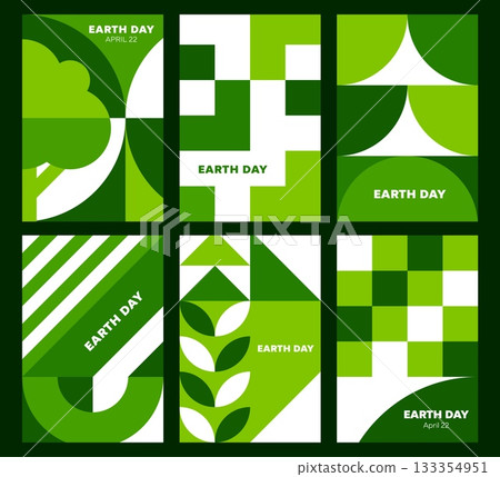 Earth day posters green geometric Bauhaus nature patterns. Earth day holiday vector flyer. Nature protection and ecology saving geometric Bauhaus forms vertical banners or clean environment posters 133354951