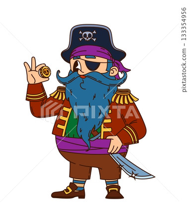 Pirate crew blue beard captain cartoon character. Cheerful pirate mascot, filibuster captain isolated vector personage. Corsair fighter character with long blue hair, holding piaster golden coin Pirate crew blue beard captain cartoon character. Cheerful pirate mascot, filibuster captain isolated vector personage. Corsair fighter character with long blue hair, holding piaster golden coin 133354956