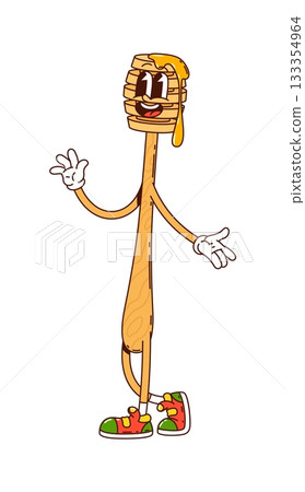 Cartoon groovy honey dipper spoon, funny character of sweet dessert, vector personage. Groovy honey spoon or dipper wand stick with honey drips and funky smile on happy face as retro groovy character Cartoon groovy honey dipper spoon, funny character of sweet dessert, vector personage. Groovy honey spoon or dipper wand stick with honey drips and funky smile on happy face as retro groovy character 133354964