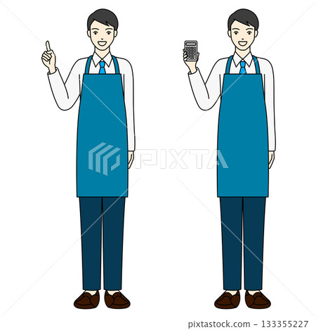 一位身穿圍裙的男售貨員用計算器給出估價，並指著商品進行確認。 133355227