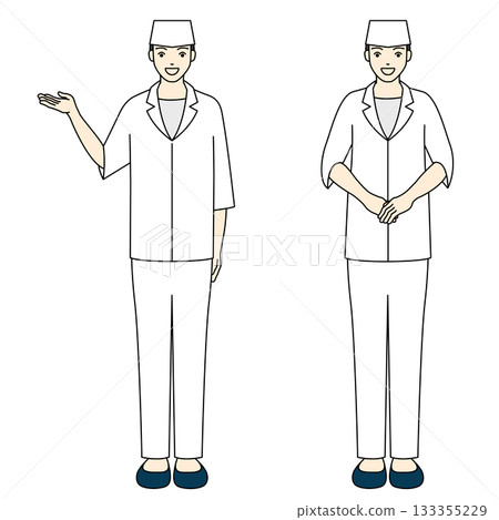 一位穿著休閒、打扮像廚師的男子，正在引導顧客並為他們服務。 133355229