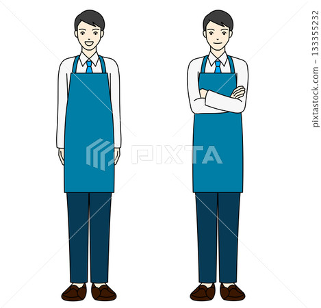 一幅男性職員全身像，他穿著藍色圍裙，雙臂交叉在胸前，筆直站立。 133355232