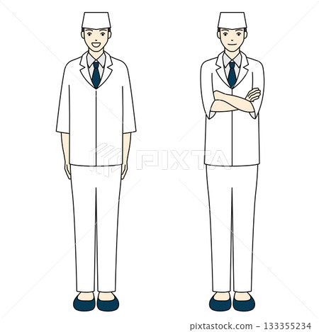 一幅日本廚師全身像,兩人雙臂交叉,顯得自信滿滿。 一幅日本廚師全身像,兩人雙臂交叉,顯得自信滿滿。 133355234