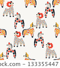 Seamless pattern with Dymkovo clay toy Goat 133355447