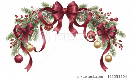 天鵝絨絲帶聖誕花圈水彩風格 天鵝絨絲帶聖誕花圈水彩風格 133355504