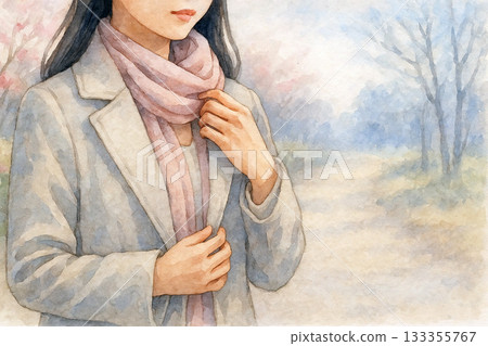 週五清晨，一位上班族女士在盛開著梅花的公園裡整理她的披肩。 133355767