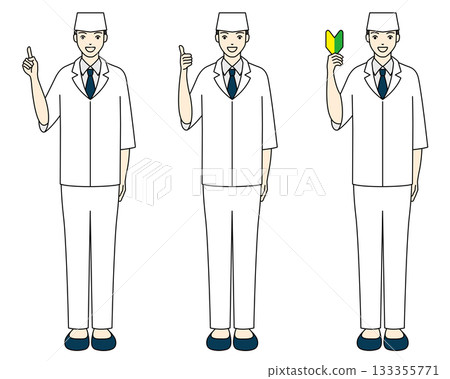 一位日本男廚師擺姿勢拍照，旁邊有初學者標誌。 133355771