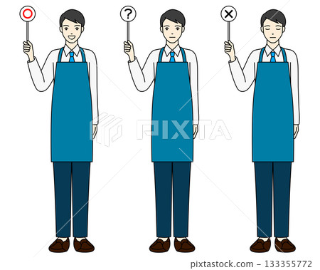 一位身穿圍裙的男店員舉起「是」或「否」的牌子回答顧客的問題。 一位身穿圍裙的男店員舉起「是」或「否」的牌子回答顧客的問題。 133355772