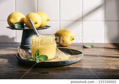 Homemade lemon curd in a glass jar 133356083