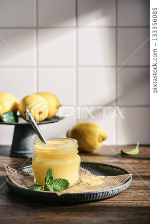 Homemade lemon curd in a glass jar 133356085