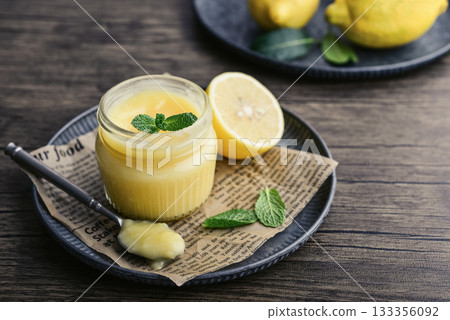 Homemade lemon curd in a glass jar 133356092
